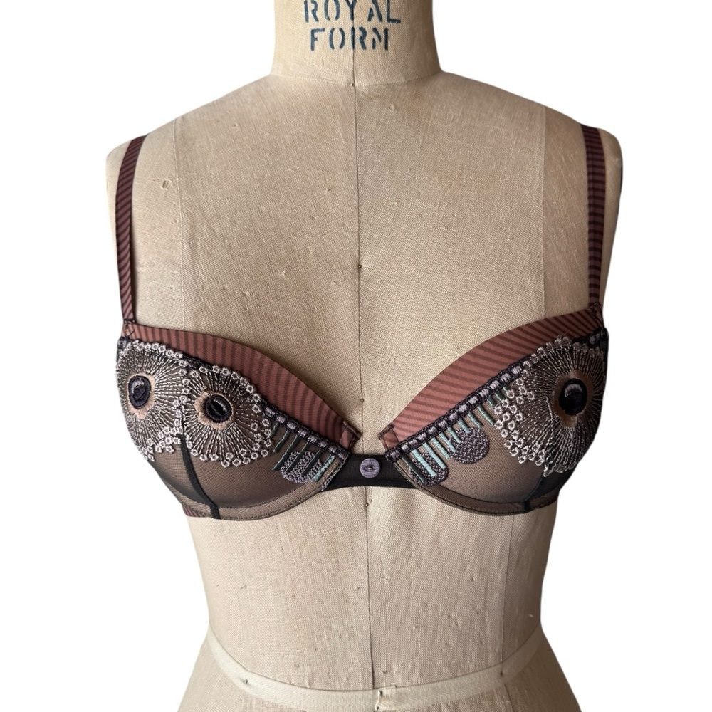 Vintage 90s Lou Paris Peacock Feather Embroidered Bra